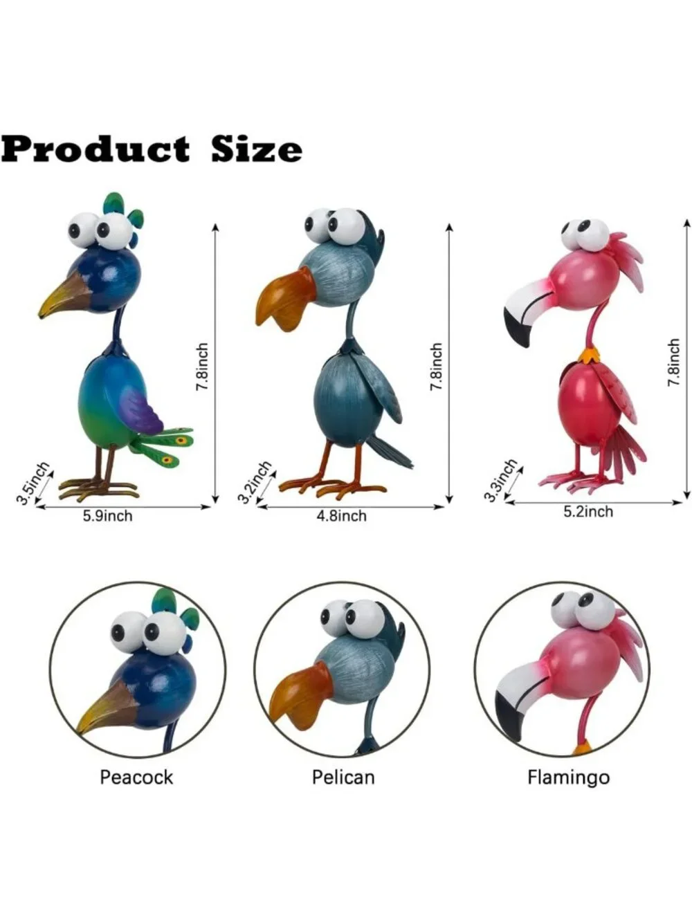 Outdoor Metal Bird Garden Decor - Flamingo, Peacock & Pelican Statues Set of 3